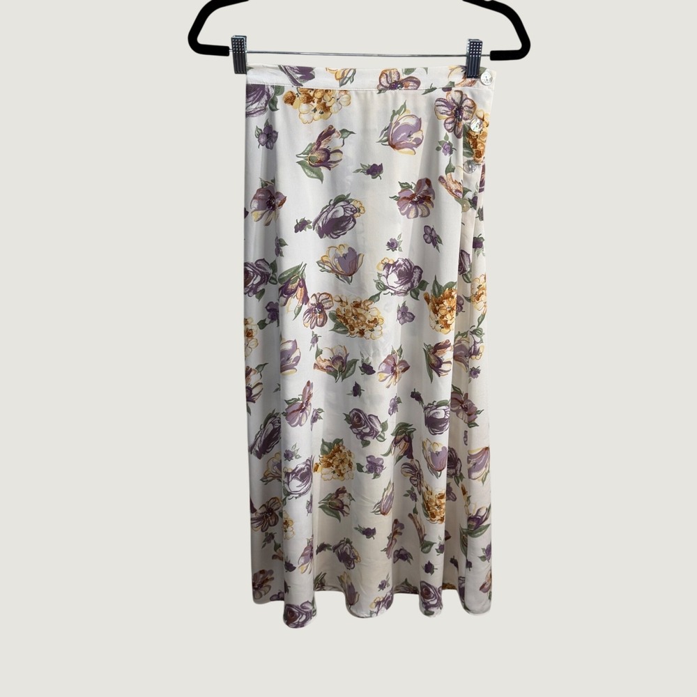 Sellecca Floral Midi Skirt White Purple Small Whimsical Romantic Fall Vintage